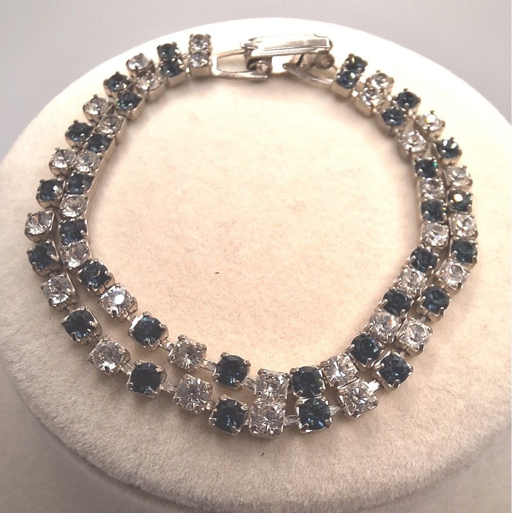 Vintage rhinestone bracelet teal double row Art Deco chaton Mid Century Glam